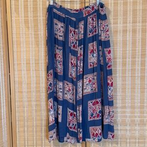 Symphony Blue Floral Geometric Rayon Maxi Skirt Elastic Waist 2X Boho Vintage
